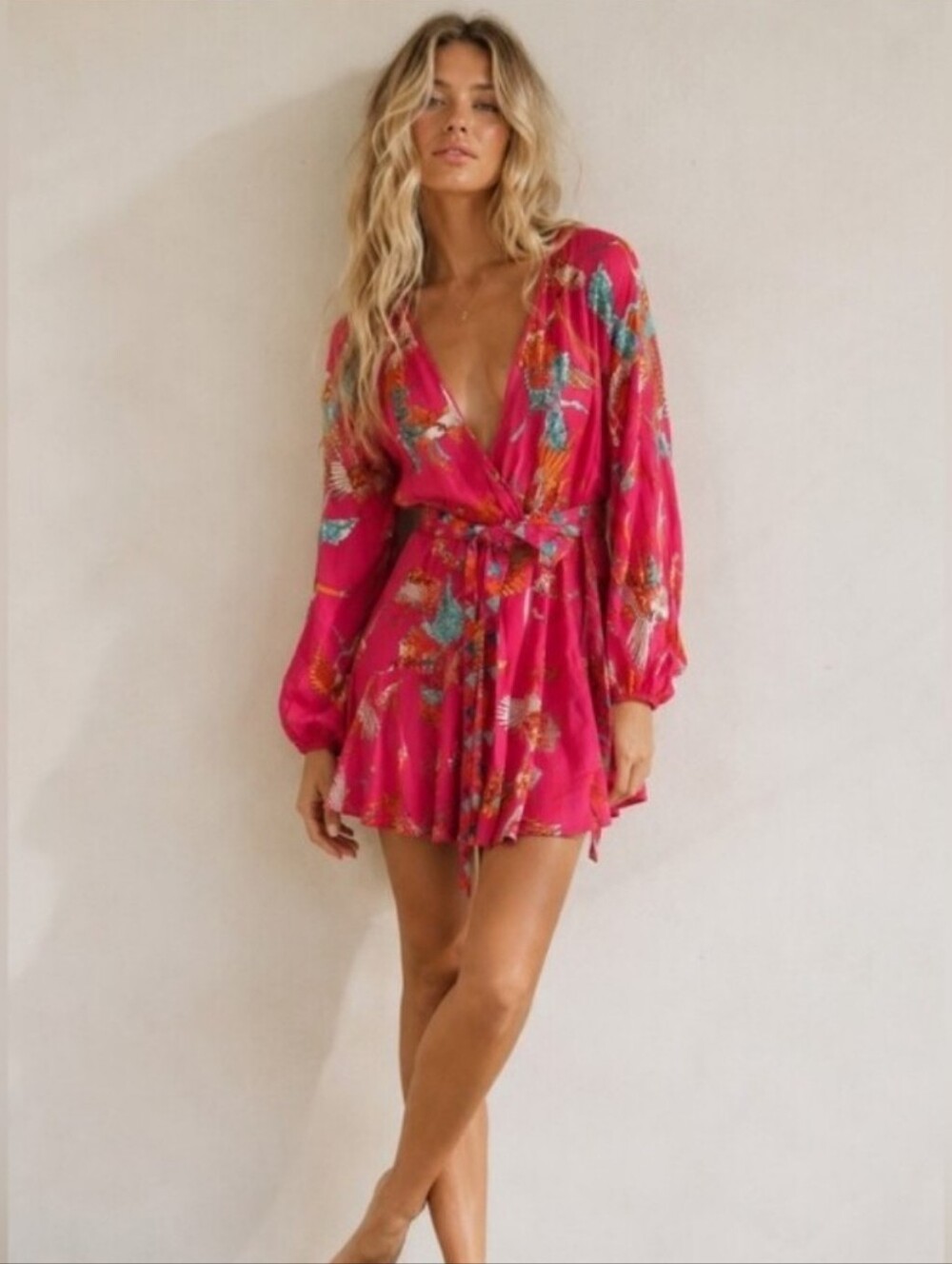 TAJ by Sabrina Crippa Pink Crane Sequin Wrap Mini Dress / Cover-Up – Size Medium